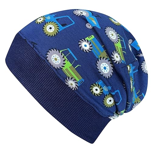 Wollhuhn ÖKO Leichte Weiche Mädchen/Jungen Beanie-Mütze Trecker/Traktor Bündchen Elastisch Übergangszeit/Sommer Jersey Baumwolle (Öko-Stoffe, Bio) (Trecker/Traktor Dunkelblau, M) von Wollhuhn