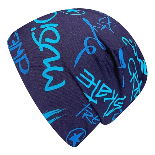 Wollhuhn Jungen/Mädchen Shorties Beanie/Beanie-Mütze/Kinder-Mütze Bequem Viele Motive Jersey Zweilagig Gefüttert Übergangszeiten (Öko-Stoffe/Bio) 2024202401 (Cool Music Blau, XS) von Wollhuhn