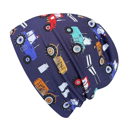 Wollhuhn Jungen/Mädchen Shorties Beanie/Beanie-Mütze/Kinder-Mütze Bequem Viele Motive Jersey Zweilagig Gefüttert Übergangszeiten (Öko-Stoffe/Bio) 2024202401 (Shorty Trecker Dunkelblau/Bunt S) von Wollhuhn