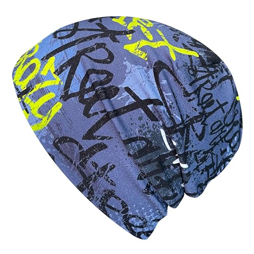 Wollhuhn Jungen/Mädchen Shorties Beanie/Beanie-Mütze/Kinder-Mütze Bequem Viele Motive Jersey Zweilagig Gefüttert Übergangszeiten (Öko-Stoffe/Bio) 2024202401 (Skater Grau/Lime, L) von Wollhuhn