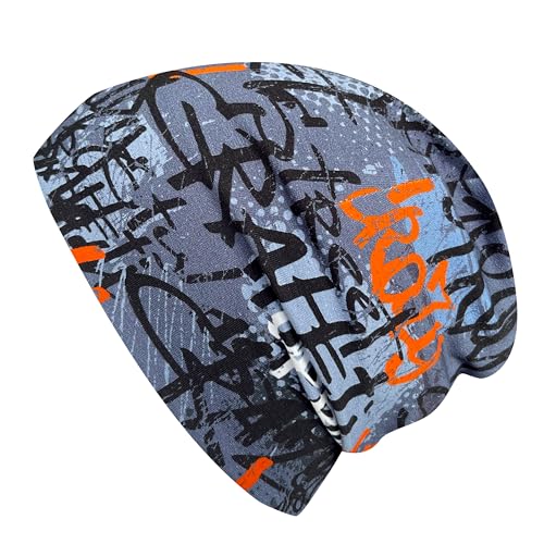 Wollhuhn Jungen/Mädchen Shorties Beanie/Beanie-Mütze/Kinder-Mütze Bequem Viele Motive Jersey Zweilagig Gefüttert Übergangszeiten (Öko-Stoffe/Bio) 2024202401 (Skater Grau/Orange, M) von Wollhuhn