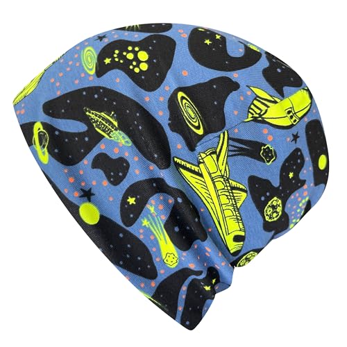 Wollhuhn Jungen/Mädchen Shorties Beanie/Kinder-Mütze Bequem Viele Motive Jersey Zweilagig Gefüttert Übergangszeiten (Öko-Stoffe/Bio) 2024202401 (Shorty Space Neon Gelb, L) von Wollhuhn