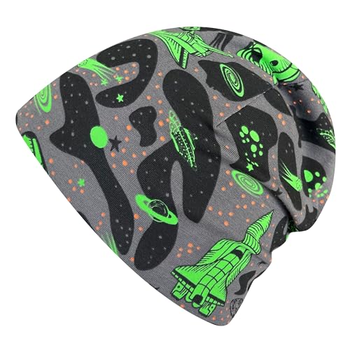 Wollhuhn Jungen/Mädchen Shorties Beanie/Kinder-Mütze Bequem Viele Motive Jersey Zweilagig Gefüttert Übergangszeiten (Öko-Stoffe/Bio) 2024202401 (Shorty Space Neon Grün, M) von Wollhuhn