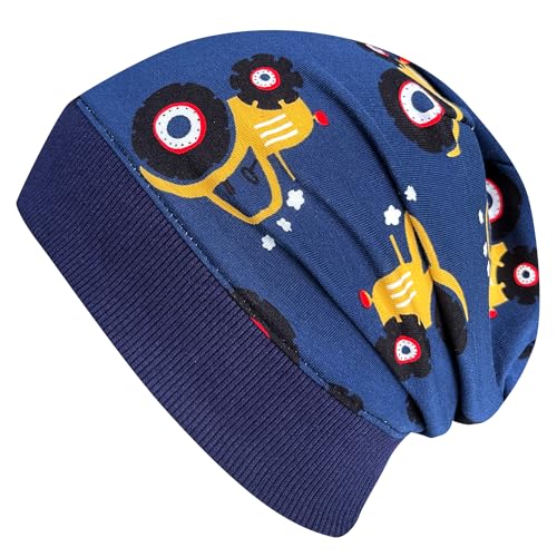 Wollhuhn ÖKO Leichte Weiche Mädchen/Jungen Beanie-Mütze Trecker/Traktor Bündchen Elastisch Übergangszeit/Sommer Jersey Baumwolle (Öko-Stoffe, Bio) (Maxi Traktor Dunkelblau/Gelb, M) von Wollhuhn