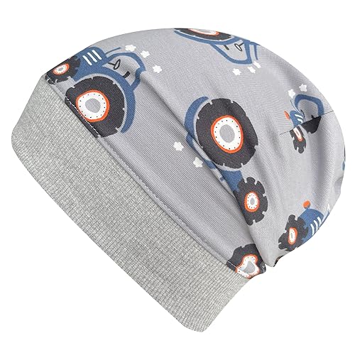 Wollhuhn ÖKO Leichte Weiche Mädchen/Jungen Beanie-Mütze Trecker/Traktor Bündchen Elastisch Übergangszeit/Sommer Jersey Baumwolle (Öko-Stoffe, Bio) (Maxi Traktor Grau/Blau, M) von Wollhuhn