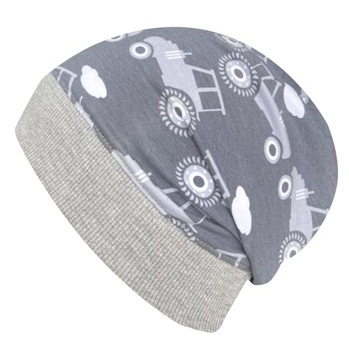 Wollhuhn ÖKO Leichte Weiche Mädchen/Jungen Beanie-Mütze Trecker/Traktor Bündchen Elastisch Übergangszeit/Sommer Jersey Baumwolle (Öko-Stoffe, Bio) (Traktor Grautöne, M) von Wollhuhn