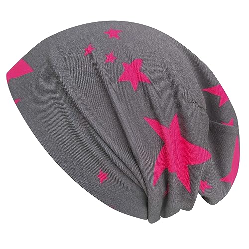 Wollhuhn Long-Beanie, Wende-Mütze, ganzjährig, mit Sternen, M: KU 52/54 (ca 3-7 Jahre), Unregelmäßige Sterne anthrazit/pink von Wollhuhn