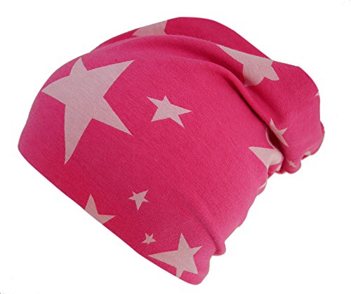 Wollhuhn Long-Beanie, Kinder-Mütze, ganzjährig, mit Sternen pink/rosa, Innen Uni grau Mädchen, 20150821, Größe M: KU 52/54 (ca 3-7 Jahre) von Wollhuhn