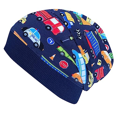 Wollhuhn ÖKO Leichte Weiche Mädchen/Kinder Beanie-Mütze Kindermütze Bündchen Elastisch Übergangszeit/Sommer Jersey Baumwolle (Öko-Stoffe, Bio) (Autos Dunkelblau/Bunt, S) 20150225 von Wollhuhn