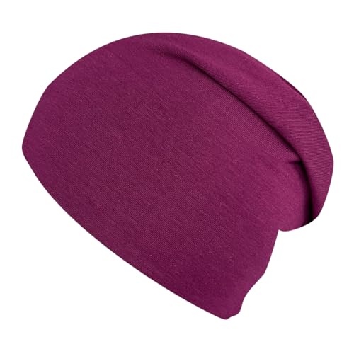 Wollhuhn ÖKO Damen/Herren/Kinder Bequeme Weiche Long Beanie/Mütze/Beanie-Mütze/Kinder-Mütze Jersey Gefüttert Bicolor Übergangszeiten (Öko-Stoffe/Bio) 20220620 (Bicolor Brombeer/Flieder, L) von Wollhuhn