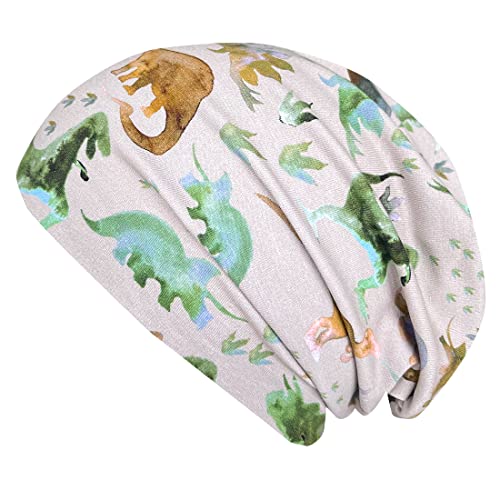 Wollhuhn ÖKO Jungen/Mädchen Bequeme Weiche Long Beanie/Mütze/Beanie-Mütze/Strickmütze/Kindermütze Jersey Gefüttert Übergangszeiten (Öko-Stoffe/Bio) (LB Dinos Beige, S) von Wollhuhn