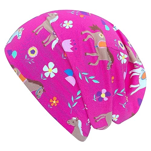 Wollhuhn ÖKO Jungen/Mädchen Bequeme Weiche Long Beanie/Mütze/Beanie-Mütze/Strickmütze/Kindermütze Jersey Gefüttert Übergangszeiten (Öko-Stoffe/Bio)… (Pony/Pferde Pink, M) von Wollhuhn