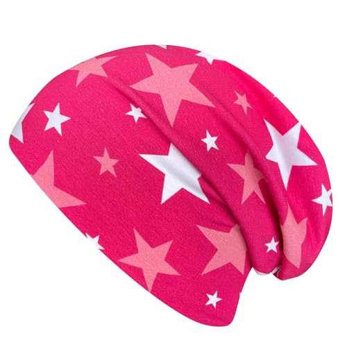 Wollhuhn ÖKO Jungen/Mädchen Bequeme Weiche Long Beanie/Mütze/Beanie-Mütze/Strickmütze/Kindermütze Jersey Gefüttert Übergangszeiten (Öko-Stoffe/Bio)… (Sterne Pink/Weiß, M) von Wollhuhn