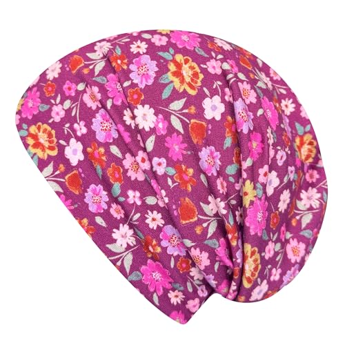 Wollhuhn ÖKO Jungen/Mädchen Bequeme Weiche Long Beanie/Mütze/Beanie-Mütze/Strickmütze/Kindermütze Jersey Gefüttert Übergangszeiten (Öko-Stoffe/Bio) 20220601 (LB Blumen Beere, M) von Wollhuhn