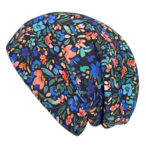 Wollhuhn ÖKO Jungen/Mädchen Bequeme Weiche Long Beanie/Mütze/Beanie-Mütze/Strickmütze/Kindermütze Jersey Gefüttert Übergangszeiten (Öko-Stoffe/Bio) 20220601 (LB Blumen Schwarz/Bunt, L) von Wollhuhn