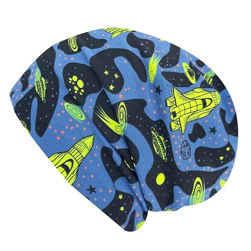 Wollhuhn ÖKO Jungen/Mädchen Bequeme Weiche Long Beanie/Mütze/Beanie-Mütze/Strickmütze/Kindermütze Jersey Gefüttert Übergangszeiten (Öko-Stoffe/Bio) 20220601 (LB Space Neon Gelb, M) von Wollhuhn