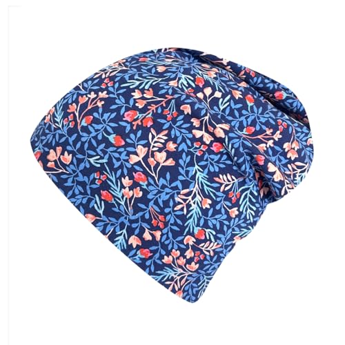 Wollhuhn ÖKO Jungen/Mädchen Bequeme Weiche Long Beanie/Mütze/Beanie-Mütze/Strickmütze/Kindermütze Jersey Gefüttert Übergangszeiten (Öko-Stoffe/Bio) 20220620 (Blumen Blau/Orange,) von Wollhuhn