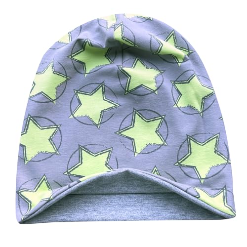 Wollhuhn ÖKO Jungen/Mädchen Bequeme Weiche Long Beanie/Mütze/Beanie-Mütze/Strickmütze/Kindermütze Jersey Gefüttert Übergangszeiten (Öko-Stoffe/Bio) 20220620 (Circle Stars Grün, L) von Wollhuhn