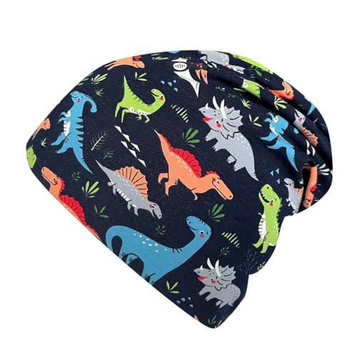 Wollhuhn ÖKO Jungen/Mädchen Bequeme Weiche Long Beanie/Mütze/Beanie-Mütze/Strickmütze/Kindermütze Jersey Gefüttert Übergangszeiten (Öko-Stoffe/Bio) 20220620 (Dinos Schwarz/Bunt, S) von Wollhuhn