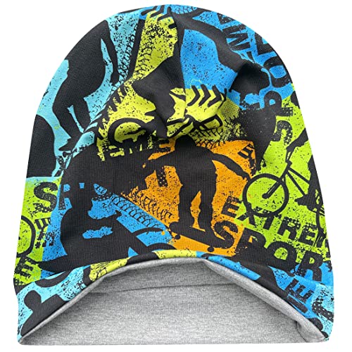 Wollhuhn ÖKO Jungen/Mädchen Bequeme Weiche Long Beanie/Mütze/Beanie-Mütze/Strickmütze/Kindermütze Jersey Gefüttert Übergangszeiten (Öko-Stoffe/Bio) 20220620 (Skater Graffiti Bunt, L) von Wollhuhn