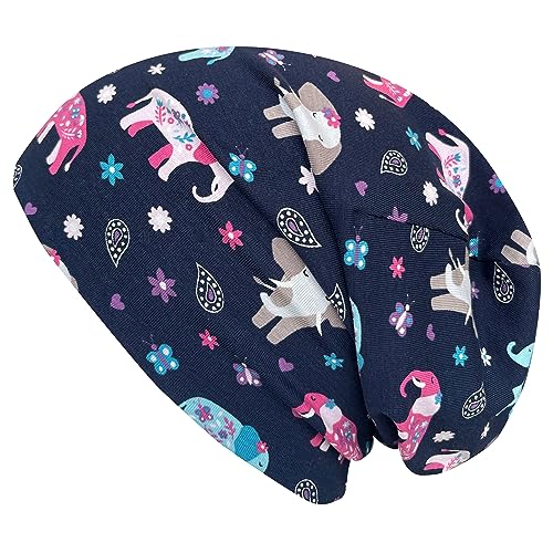 Wollhuhn ÖKO Jungen/Mädchen Bequeme Weiche Long Beanie/Mütze/Beanie-Mütze/Strickmütze/Kindermütze Jersey Gefüttert Übergangszeiten (Öko-Stoffe/Bio)… (Elefanten/Blumen Dunkelblau, M) von Wollhuhn