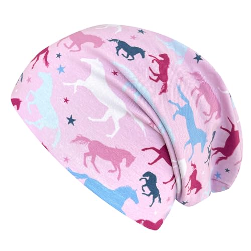 Wollhuhn ÖKO Jungen/Mädchen Bequeme Weiche Long Beanie/Mütze/Beanie-Mütze/Strickmütze/Kindermütze Jersey Gefüttert Übergangszeiten (Öko-Stoffe/Bio)… (Pony/Pferde Rosa, M) von Wollhuhn