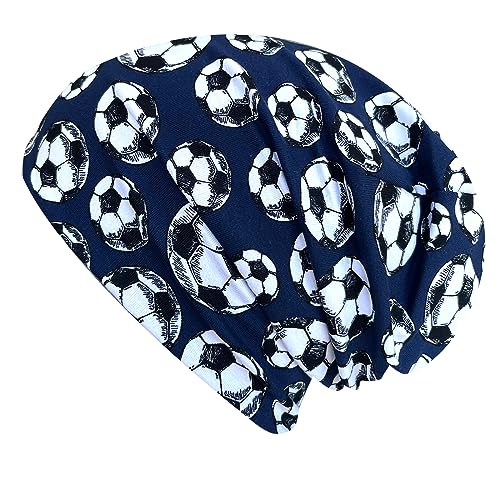 Wollhuhn ÖKO Jungen/Mädchen Bequeme Weiche Mütze/Beanie-Mütze/Strickmütze/Kindermütze Long Beanie Zweilagig Baumwolle (Ganzjährig) Aus Öko-Stoffen/Bio (S, Fußball Dunkelblau) von Wollhuhn