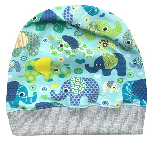 Wollhuhn ÖKO Leichte Weiche Mädchen/Kinder Beanie-Mütze Kinder-Mütze Bündchen Elastisch Übergangszeit/Sommer Jersey Baumwolle (Öko-Stoffe, Bio) (Elefanten Blau/Grün, XS) 20150225 von Wollhuhn