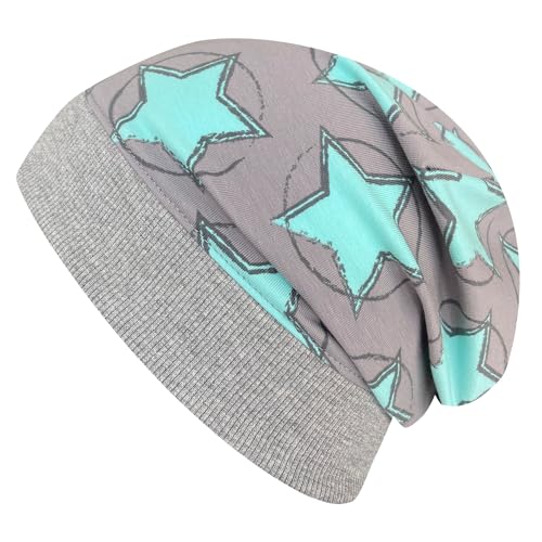 Wollhuhn ÖKO Leichte Beanie-Mütze mit Sternen (aus Öko-Stoffen, Bio) für Mädchen und Jungen, 20150225 (S, Circle Stars Grau/Mint) von Wollhuhn