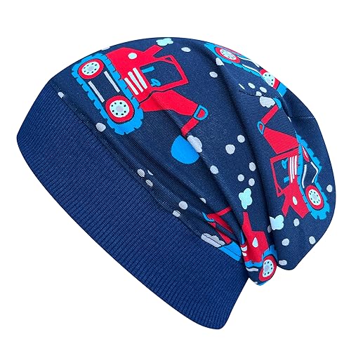 Wollhuhn ÖKO Leichte Bequeme Jungen Baustelle/Bagger Beanie-Mütze Elastisches Bündchen (aus Öko-Stoffen, Bio) 22222235 (Bagger Maxi Dunkelblau-Rot, M) von Wollhuhn