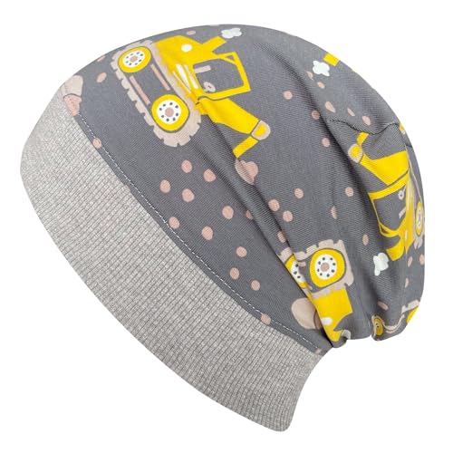 Wollhuhn ÖKO Leichte Bequeme Jungen Baustelle/Bagger Beanie-Mütze Elastisches Bündchen (aus Öko-Stoffen, Bio) 22222235 (Bagger Maxi Grau-Gelb, M) von Wollhuhn