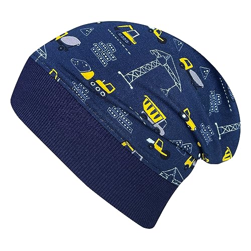 Wollhuhn ÖKO Leichte Bequeme Jungen Baustelle/Bagger Beanie-Mütze Elastisches Bündchen (aus Öko-Stoffen, Bio) 22222235 (Baustelle Dunkelblau-Gelb, S) von Wollhuhn