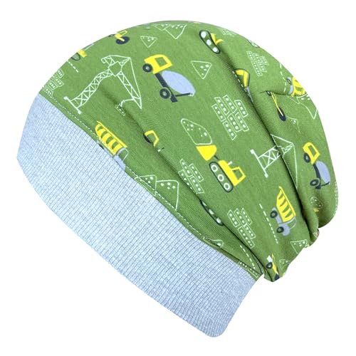 Wollhuhn ÖKO Leichte Bequeme Jungen Baustelle/Bagger Beanie-Mütze Elastisches Bündchen (aus Öko-Stoffen, Bio) 22222235 (Baustelle Grün, M) von Wollhuhn