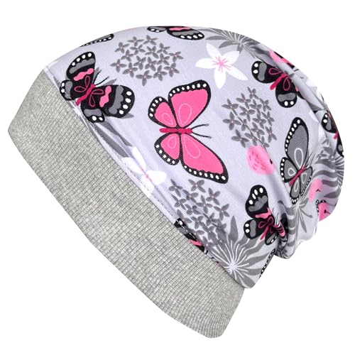 Wollhuhn ÖKO Leichte Mädchen Beanie-Mütze Elastisches Bündchen (aus Öko-Stoffen, Bio) 22222222 (Schmetterlinge grau-rosa, S) von Wollhuhn