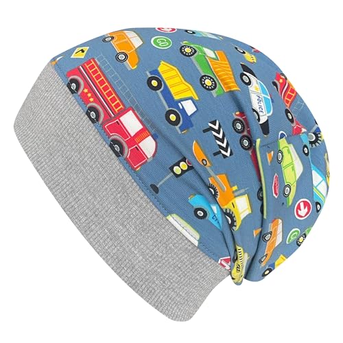 Wollhuhn ÖKO Leichte Weiche Mädchen/Kinder Beanie-Mütze Kinder-Mütze Bündchen Elastisch Übergangszeit/Sommer Jersey Baumwolle (Öko-Stoffe, Bio) (Autos Jeansblau/Bunt, M) 20150225 von Wollhuhn