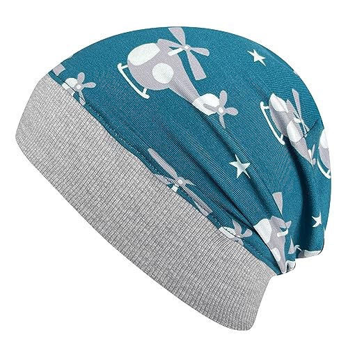 Wollhuhn ÖKO Leichte Weiche Mädchen/Kinder Beanie-Mütze Kinder-Mütze Bündchen Elastisch Übergangszeit/Sommer Jersey Baumwolle (Öko-Stoffe, Bio) (Hubschrauber Petrol, M) 20150225 von Wollhuhn