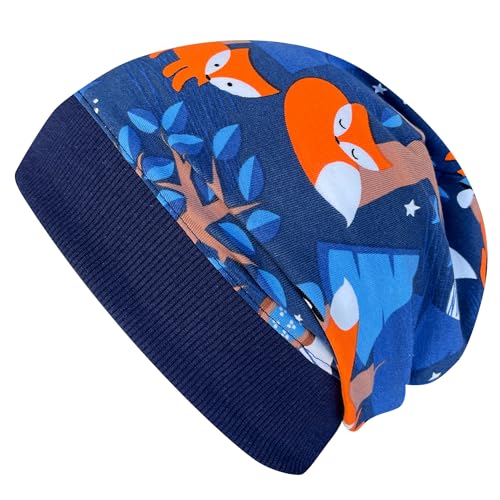 Wollhuhn ÖKO Leichte Weiche Mädchen/Kinder Beanie-Mütze Kinder-Mütze Bündchen Elastisch Übergangszeit/Sommer Jersey Baumwolle (Öko-Stoffe, Bio) (Nightfox Dunkelblau/Orange, M) 20150225 von Wollhuhn