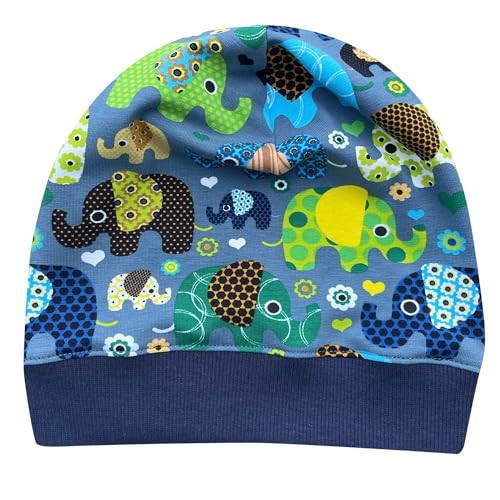 Wollhuhn ÖKO Leichte Weiche Mädchen/Kinder Beanie-Mütze Kindermütze Bündchen Elastisch Übergangszeit/Sommer Jersey Baumwolle (Öko-Stoffe, Bio) (Elefanten Jeansblau, S) 20150225 von Wollhuhn