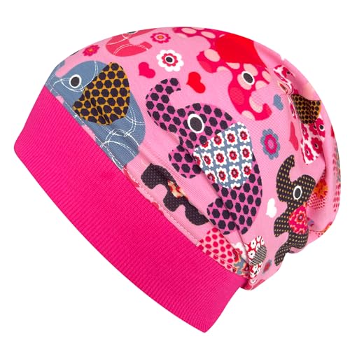 Wollhuhn ÖKO Leichte Weiche Mädchen/Jungen Beanie-Mütze Bündchen Elastisch Übergangszeit/Sommer Jersey Baumwolle (Öko-Stoffe, Bio) (Elefanten Rosa, S) von Wollhuhn