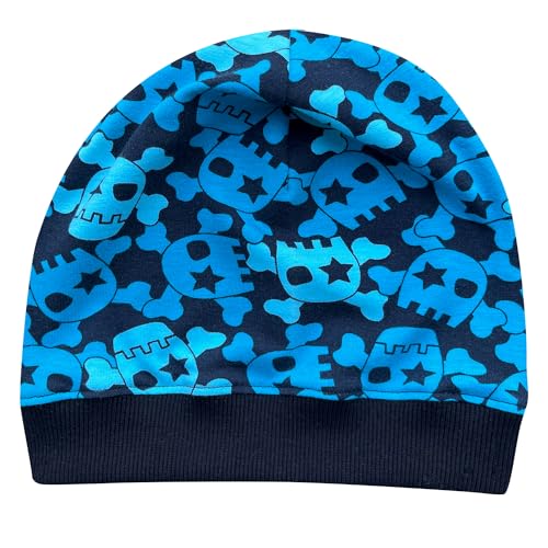 Wollhuhn ÖKO Leichte Mädchen/Jungen/Kinder Beanie-Mütze Bündchen Elastisch Übergangszeit/Sommer Kinder-Mütze Baumwolle (Öko-Stoffe, Bio) 22222235 (Coole Skulls Blautöne, L) von Wollhuhn