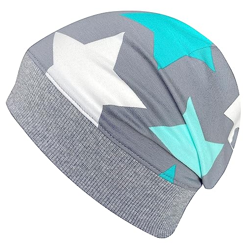 Wollhuhn ÖKO Leichte Mädchen/Jungen Beanie-Mütze Bündchen Elastisch Übergangszeit/Sommer Kinder-Mütze Baumwolle (Öko-Stoffe, Bio) 22222235 (Big Stars Grau/Mint, S) von Wollhuhn