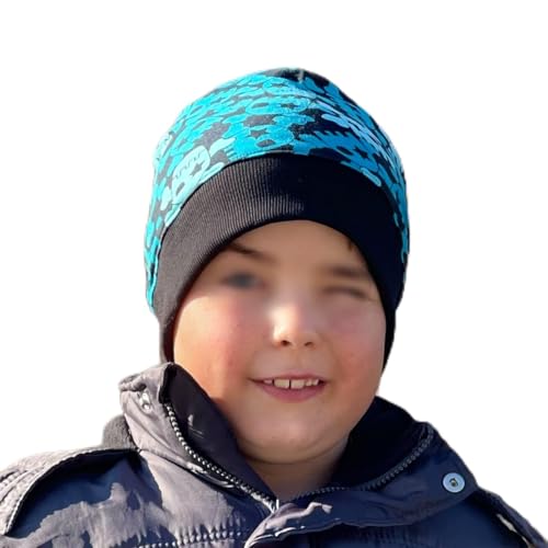 Wollhuhn ÖKO Leichte Mädchen/Jungen Beanie-Mütze Bündchen Elastisch Übergangszeit/Sommer Kinder-Mütze Baumwolle (Öko-Stoffe, Bio) 22222235 (Coole Skulls Blautöne, M) von Wollhuhn
