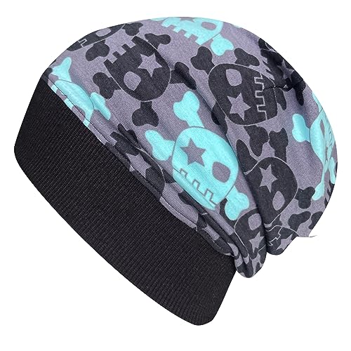 Wollhuhn ÖKO Leichte Mädchen/Jungen Beanie-Mütze Bündchen Elastisch Übergangszeit/Sommer Kinder-Mütze Baumwolle (Öko-Stoffe, Bio) 22222235 (Coole Skulls Grau/Mint, L) von Wollhuhn