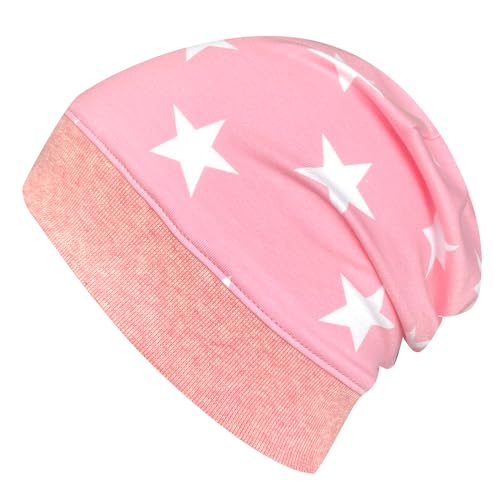 Wollhuhn ÖKO Leichte Mädchen/Jungen Beanie-Mütze Bündchen Elastisch Übergangszeit/Sommer Kinder-Mütze Baumwolle (Öko-Stoffe, Bio) 22222235 (Sterne Zartrosa, S) von Wollhuhn