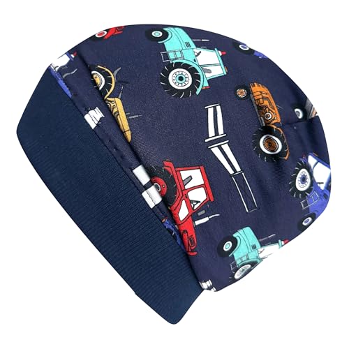 Wollhuhn ÖKO Leichte Mädchen/Jungen Beanie-Mütze Bündchen Elastisch Übergangszeit/Sommer Kinder-Mütze Baumwolle (Öko-Stoffe, Bio) 22222235 (Trecker/Traktor Dunkelblau/Bunt, S) von Wollhuhn