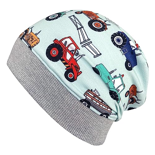 Wollhuhn ÖKO Leichte Mädchen/Jungen Beanie-Mütze Bündchen Elastisch Übergangszeit/Sommer Kinder-Mütze Baumwolle (Öko-Stoffe, Bio) 22222235 (Trecker Hellblau/Mint, M) von Wollhuhn