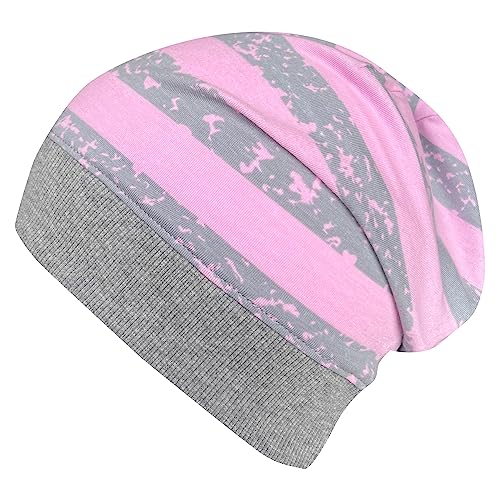 Wollhuhn ÖKO Leichte Mädchen/Jungen Beanie-Mütze Bündchen Elastisch Übergangszeit/Sommer Kinder-Mütze Baumwolle (Öko-Stoffe, Bio) 22222235 (Streifen Grau-Rosa breit, S) von Wollhuhn