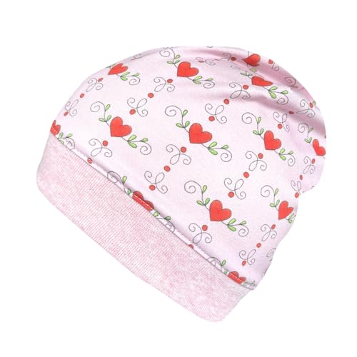 Wollhuhn ÖKO Leichte Mädchen Beanie-Mütze Rosa Elastisches Bündchen (aus Öko-Stoffen, Bio) 22222222 (Herzchen rosa, 42-46) von Wollhuhn