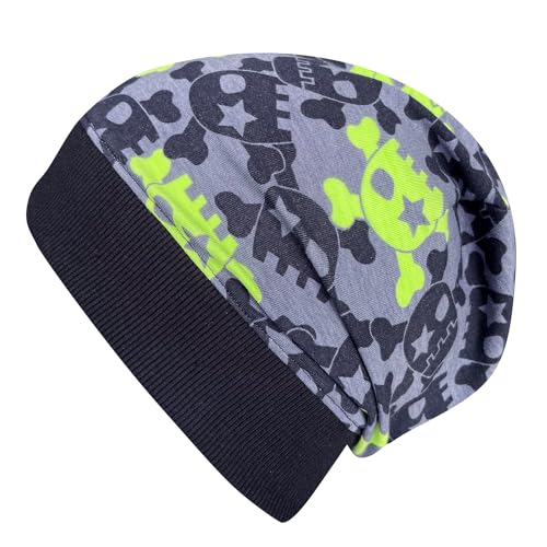 Wollhuhn ÖKO Leichte Weiche Mädchen/Kinder Beanie-Mütze Kindermütze Bündchen Elastisch Übergangszeit/Sommer Jersey Baumwolle (Öko-Stoffe, Bio) (Coole Skulls Grau/Grün, S) 20150225 von Wollhuhn