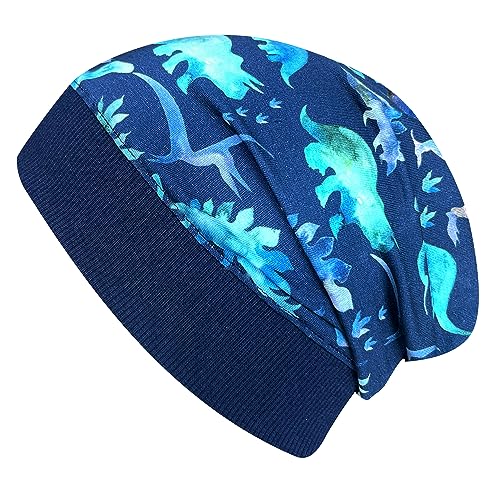 Wollhuhn ÖKO Leichte Weiche Mädchen/Kinder Beanie-Mütze Kindermütze Bündchen Elastisch Übergangszeit/Sommer Jersey Baumwolle (Öko-Stoffe, Bio) (Dinos Blau/Grün, S) 20150225 von Wollhuhn